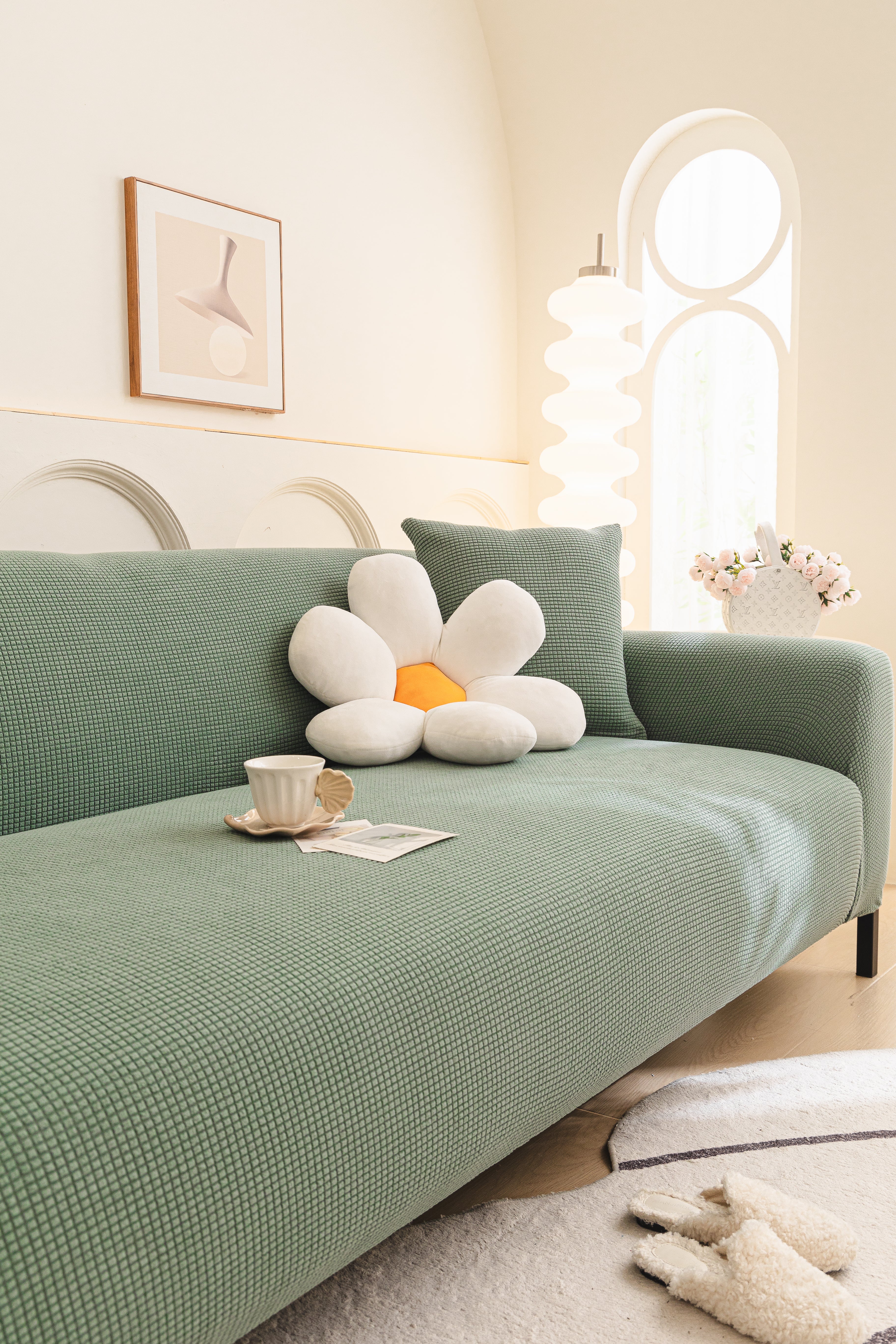 Sofa Cover - Narrow Jacquard - Light Green - Adaptable & Expandable