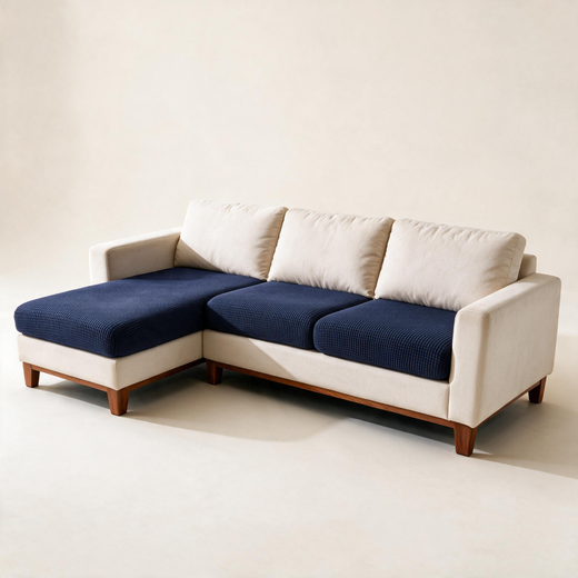 Jacquard Navy Blue fitted sofa cushion covers — Studio hero