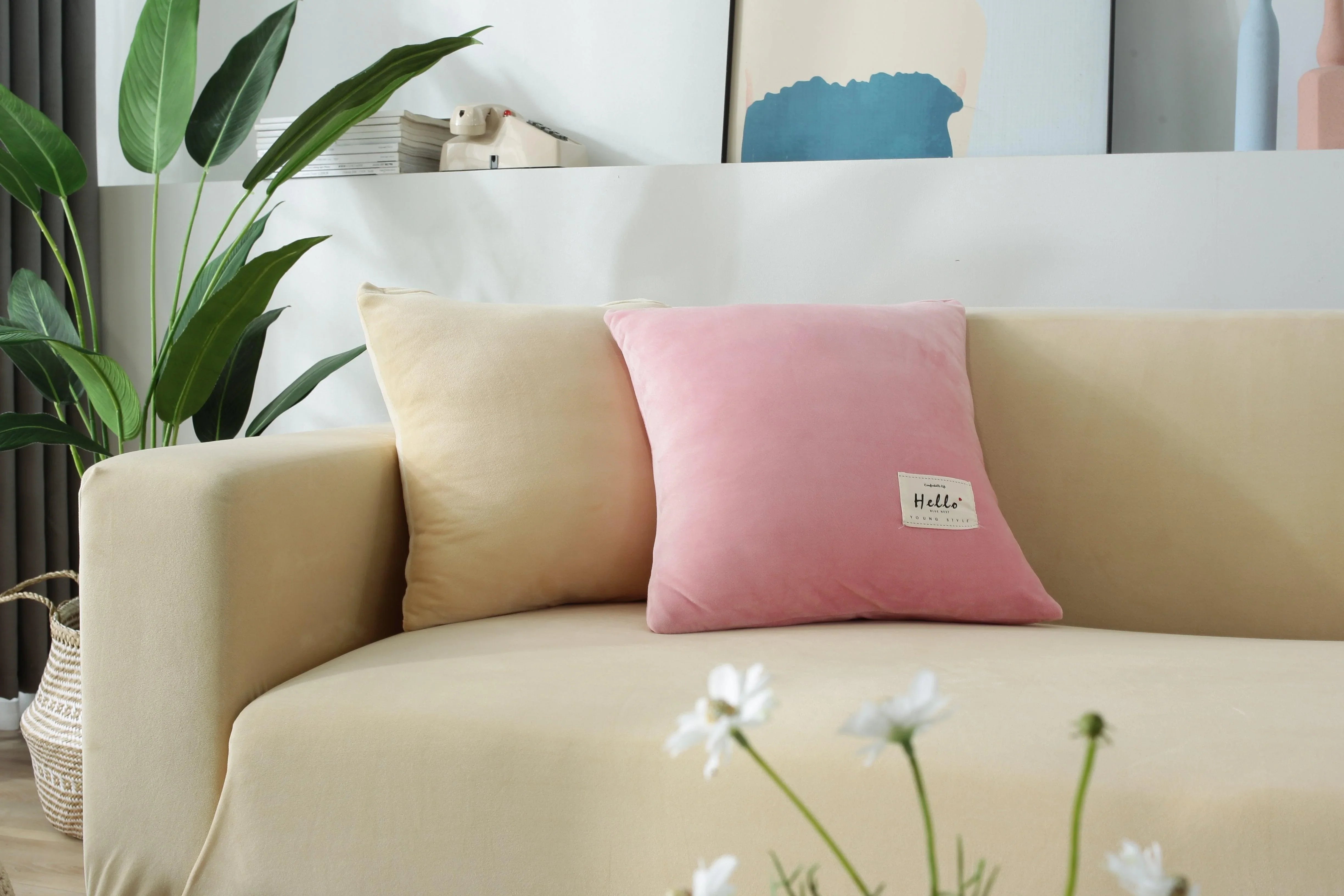 Sofa Cover - Velvet - Beige - Adaptable & Expandable - The sofa cover crafter