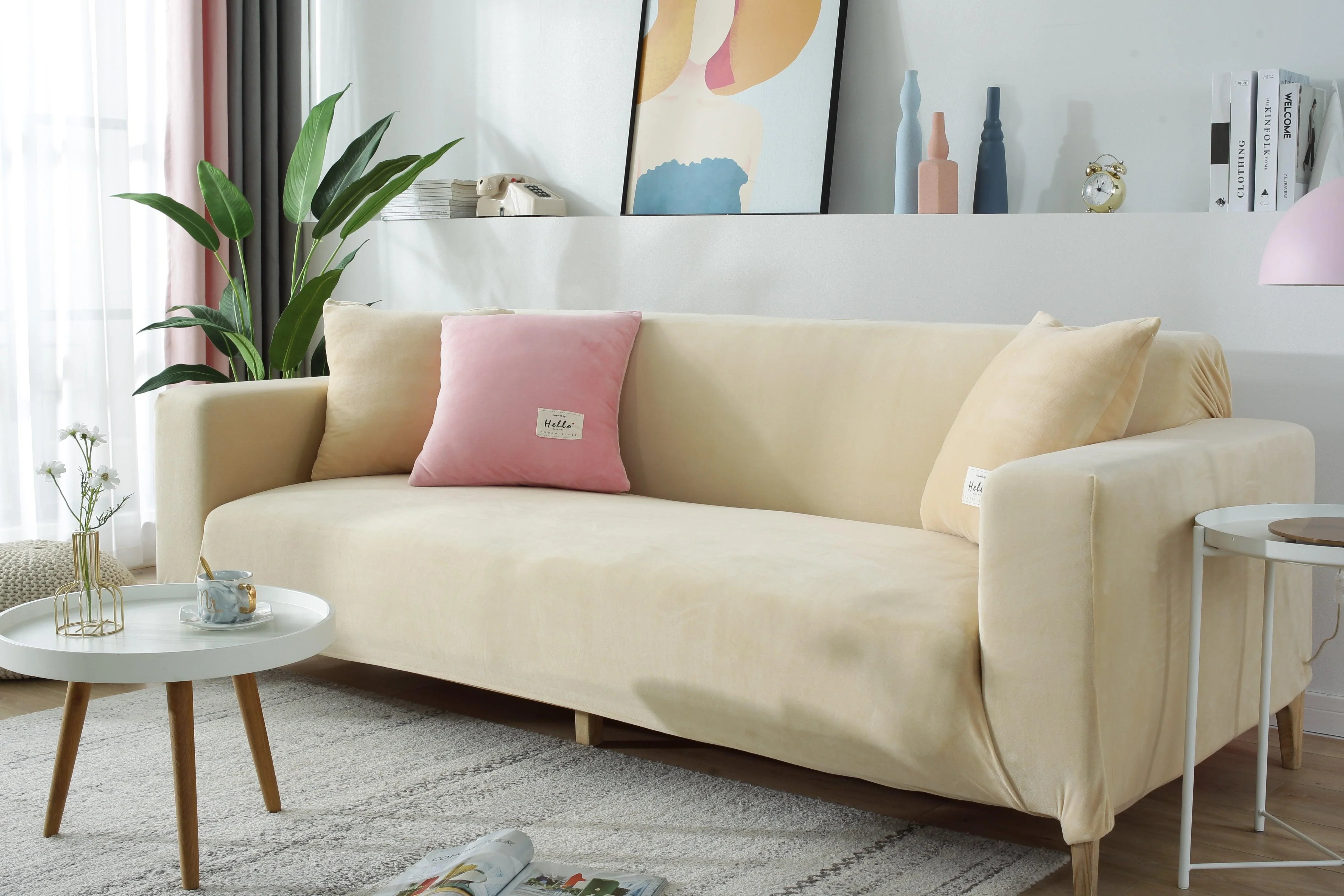 Sofa Cover - Velvet - Beige - Adaptable & Expandable - The sofa cover crafter