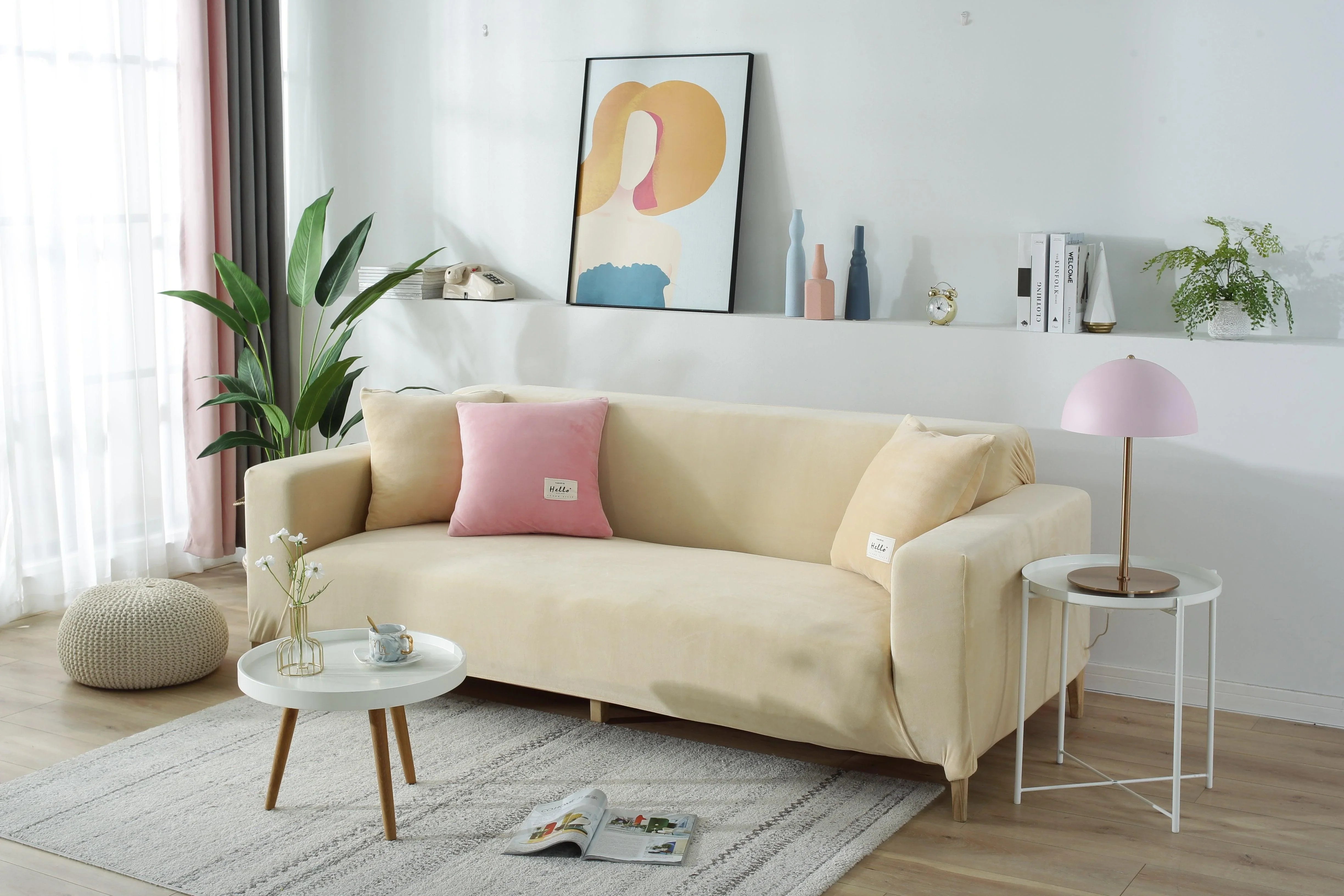 Sofa Cover - Velvet - Beige - Adaptable & Expandable - The sofa cover crafter